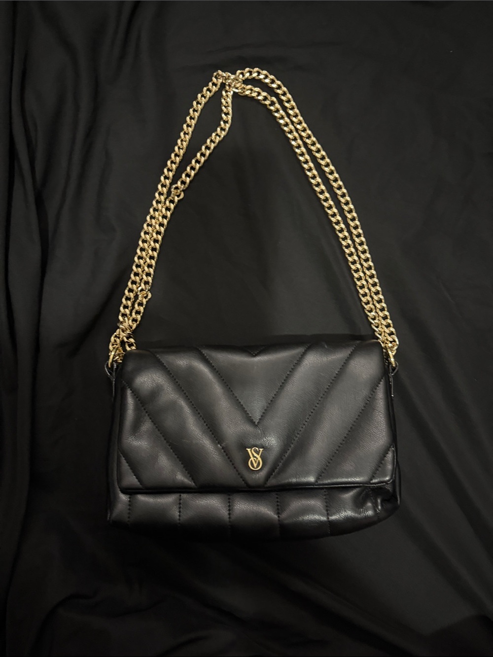 Victoria's Secret Black Quilted Leather Shoulder Bag with Gold Chain
